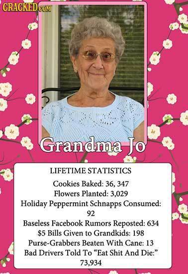 CRACKED Grandma Jo LIFETIME STATISTICS Cookies Baked: 36, 347 Flowers Planted: 3,029 Holiday Peppermint Schnapps Consumed: 92 Baseless Facebook Rumors