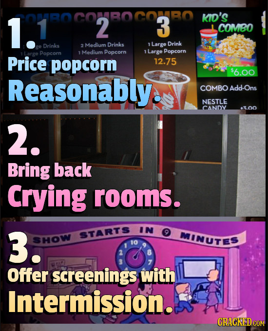 1. 0MROCONBOCONBO 2 3 KID'S 1 COMBO Drinks 2 Medium Drinks 1 Large Drink Popcorn 1 Medium Popcorn T Large Popcorn Price popcorn 12.75 $6.00 Reasonably