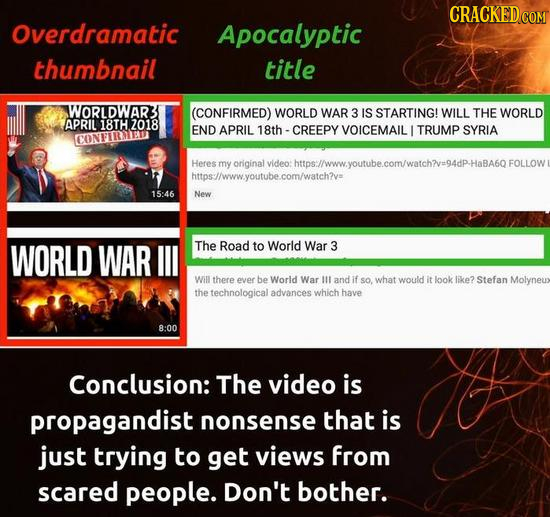 Overdramatic Apocalyptic thumbnail title WORLDWAR3 (CONFIRMED) WORLD WAR 3 IS STARTING! WILL THE WORLD APRIL 18TH 2018 END APRIL 18th CREEPY VOICEMAIL