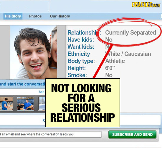 CRAGKEDO HIs Story Photos Our History Relationshi Currently Separated Have kids: No Want kids: N Ethnicity Vhite Caucasian Body type: Athletic Height: