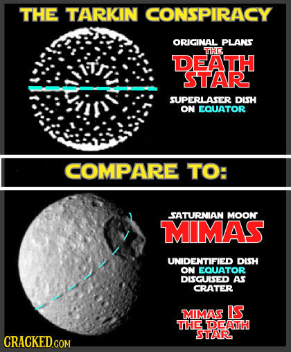 THE TARKIN CONSPIRACY ORIGINAL PLANS TTHE DEATH STAR SUPERLASER DISH ON EQUATOR COMPARE TO: SATURNIAN MOON MIMAS UNIDENTIFIED DISH ON EQUATOR DISGUIST