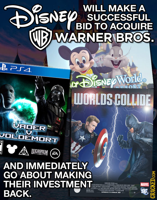 NE WILL MAKE A SUCCESSFUL BID TO ACQUIRE WB WARNER BROS. A. DDISNEY Worldo Lf eSORT WORLDS COLLIDE VADER LOEMORT IUCASFIIM A AND IMMEDIATELY GO ABOUT