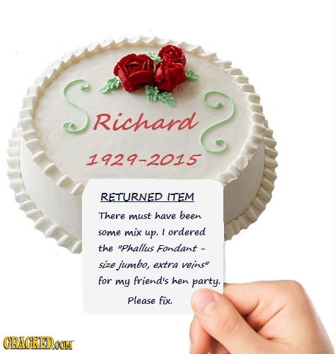 SRichard Richard 1929-2015 RETURNED ITEM There must have been ordered some mix up. the Phallus Fondant- size jumbo, extra veing for my friend's hen
