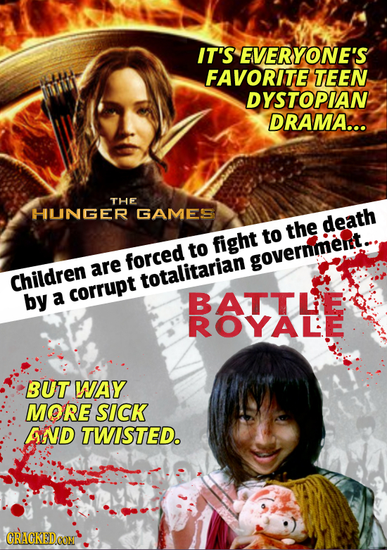 IT'S EVERYONE'S FAVORITE TEEN DYSTOPIAN DRAMA... THE HUNGER GAMES the death to to fight forced government... are Children totalitarian by a corrupt BA