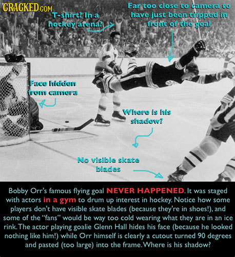 CRACKEDcO Far too close to camera to T-shirt? In a have just been trripped in hockey arenan frant of the goal Face hidden rO camerr Where is his shado