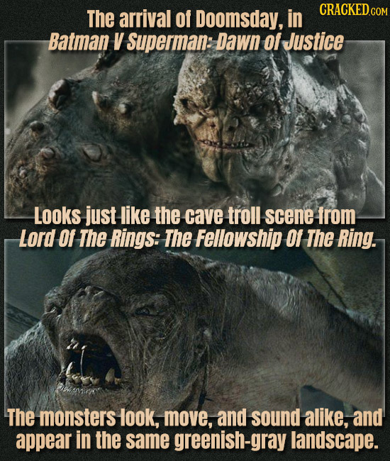 The arrival of Doomsday, in Batman V Superman: Dawn Of Justice Looks just like the cave troll scene from Lord Of The Rings: The Fellowship 01 The Ring