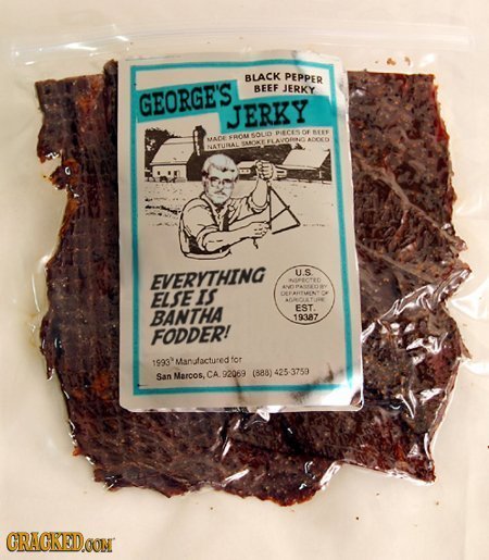 BLACK PEPPER BEEF JERKY GEORGE'S JERKY PIECEST E BS S0L0 HAE FROA ADOO NATURLAL EVERYTHING U.S NIOTED ELSEIS OLEAHEINY EST. BANTHA 19387 FODDER! 1993'