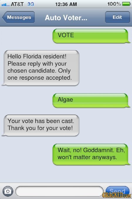 l.. AT&T 3G 12:36 AM 100% Messages Auto Voter... Edit VOTE Hello Florida resident! Please reply with your chosen candidate. Only one response accepted