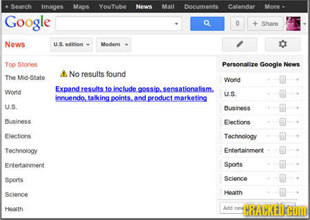 Search Images Maps YouTube News Malt Documents Calendar More Google Q 0 Share News U.S edition Modern Top Stories Personalize Google News No results f