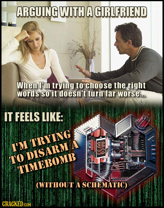 ARGUING WITH A GIRLFRIEND When I'm trying to choose the right words SO it doesn't turn far worse... IT FEELS LIKE: TRYING I'M A DISARM TO TIMEBOMB (WI