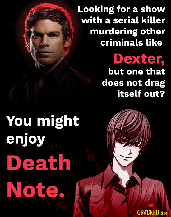 Looking for a show with a serial killer murdering other criminals like Dexter, but one that does not drag itself out? You might enjoy Death Note. CRAC