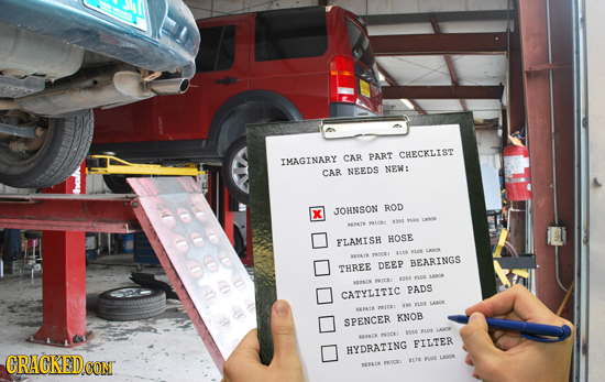 CAR PART CHECKLIS'T IMAGINARY CAR NEEDS NEW: JOHNSON ROD AS FLAMISH HOSE DEEP BEARINGS THREE iirse ICES PADS CATYLITIC LAADE REAT KNOB SPENCER SS E FI