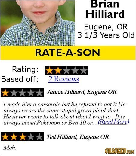 Brian Hilliard Eugene, OR 3 1/3 Years Old RATE-A-SON Rating: Based off: 2 Reviews Janice Hilliard, Eugene OR I made him a casserole but he refused to