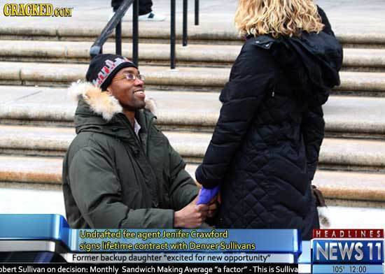 CRACKED cONT Undrafted fee agent Jenifercrawford IHEADLINES signs lifetime contract with Denver Sullivans NEWS 11 Former backup daughter excited for