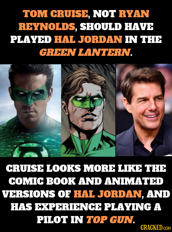 TOM CRUISE, NOT RYAN REYNOLDS, SHOULD HAVE PLAYED HAL JORDAN IN THE GREEN LANTERN. CRUISE LOOKS MORE LIKE THE COMIC BOOK AND ANIMATED VERSIONS OF HAL 