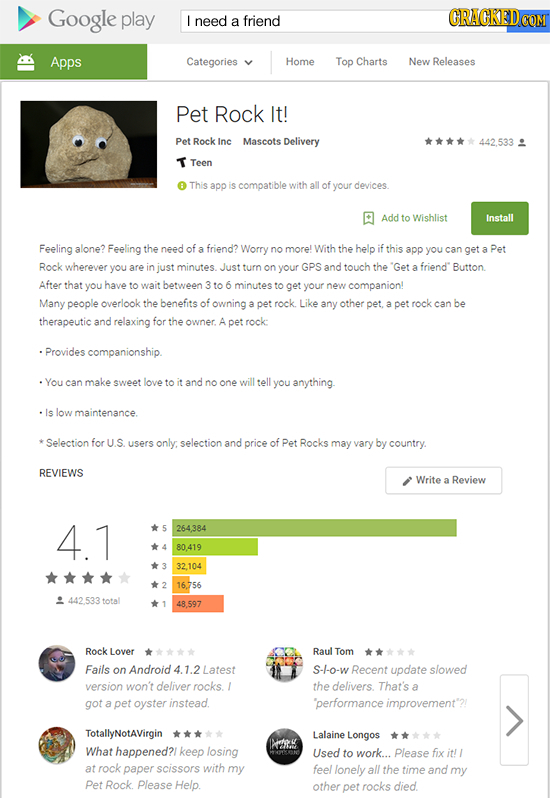Google play CRACKEDCON L need a friend Apps Categories Home Top Charts New Releases Pet Rock It! Pet Rock Inc Mascots Delivery 442.533 T Teen This app