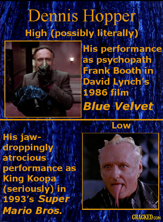 Dennis Hopper High (possibly literally) His performance as psychopath Frank Booth in David Lynch's 1986 fil'm Blue Velvet Low His jaw- droppingly atro