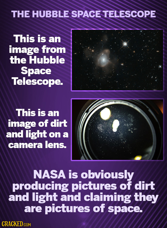 THE HUBBLE SPACE TELESCOPE This is an image from the Hubble Space Telescope. This is an image of dirt and light on a camera lens. NASA is obviously pr