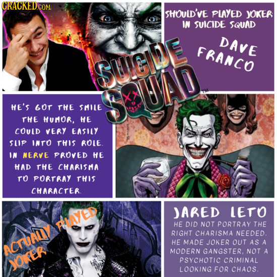CRACKEDC COM. SHOULD'VE PlAYED JOKER IN SUICIDE SQUAD DAVE FRANCO SUICIDE SXUAD HE'S GOT THE SMILE THE HUMOR, HE COULD VERY EASILY SliP INTO THIS ROLE