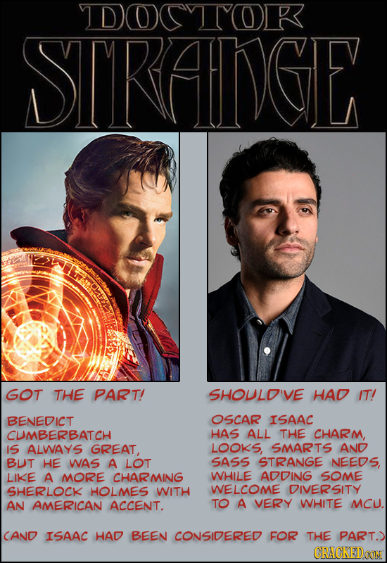 DOCTOR STRAINGE GOT THE PART! SHOULO'VE HAD IT! BENEDICT OSCAR ISAAC CUMBERBATCH HAS ALL THE CHARM, IS ALWAYS GREAT, LOOKS, SMARTS AND BUT HE WAS A LO