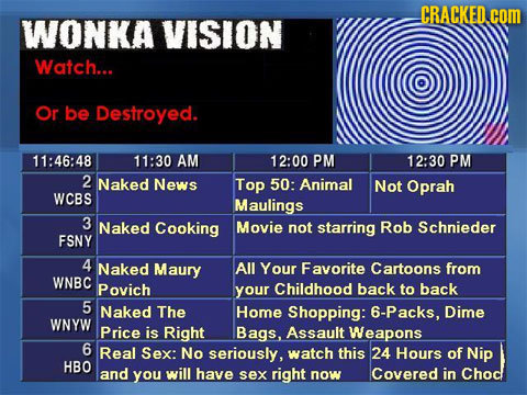 CRACKED. com WONKA VISION Watch... Or be Destroyed. 11:46:48 11:30 AM 12:00 PM 12:30 PM 2 Naked News Top 50: Animal Not Oprah WCBS Maulings 3 Naked Co