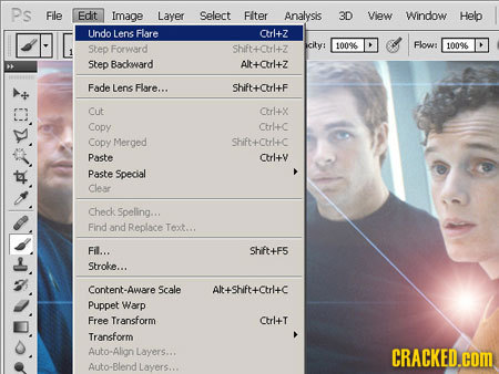 Ps File Edit Image Layer Select Fter Analysis 3D Wiew Window Help Undo Lens Flare Crl+Z Flow: Step Forward Shift+Ctrl+Z city: 10096 10096 Step Backowa