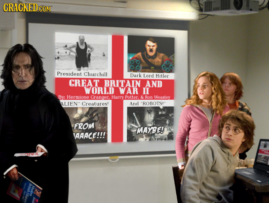 CRAGKEDCON President Churchill Dark Lord Hitler CREAT BRITAIN AND WORLD WAR II B Hermione Granger, HarTY Potter. Ron Weasley ALIEN* Creatures! And RO