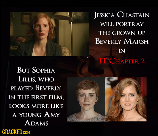 JESSICA CHASTAIN WILL PORTRAY THE GROWN UP BEVERLY MARSH IN IT CHAPTER 2 But SOPHIA Lillis, WHO PLAYED BEVERLY IN THE FIRST FILM, LOOKS MORE LIKE A YO