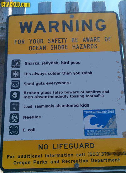 CRACKED.cOM WARNING OF FOR YOUR SAFETY BE AWARE OCEAN SHORE HAZARDS Sharks, jellyfish, bird poop It's always colder than you think Sand gets everywher