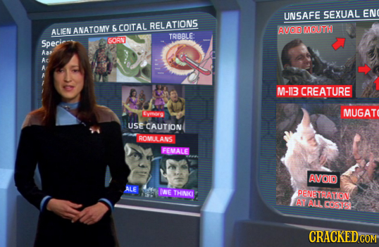 UNSAFE SEXUAL EN RELATIONS ANATOMY 6 COITAL ALIEN AVOID MOUTH TRBBLE Specin GORN Aa Ac A M-113 CREATURE Eymorg MUGAT USE CAUTION ROMULANS FEMALE AVOD
