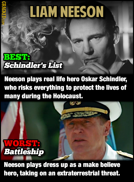 CRACKED CON LIAM NEESON BEST: Schindler's List Neeson plays real life hero Oskar Schindler, who risks everything to protect the lives of many during t