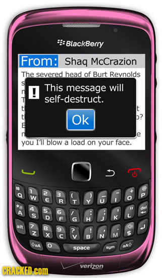 BlackBerry From: Shag McCrazion The severed head of Burt Revnolds S This message will self-destruct. t Ok b? e you IIl blow a load on your face. T 2 3