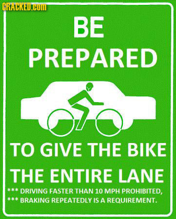 CRACKEU.COM BE PREPARED TO GIVE THE BIKE THE ENTIRE LANE kk DRIVING FASTER THAN 10 MPH PROHIBITED, BRAKING REPEATEDLY IS A REQUIREMENT.