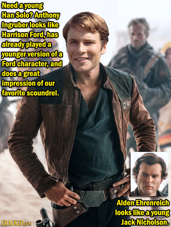 Need a young Han Solo? Anthony ingruber looks like Harrison Ford, has already played a younger version of a Ford character, and does a great impressio