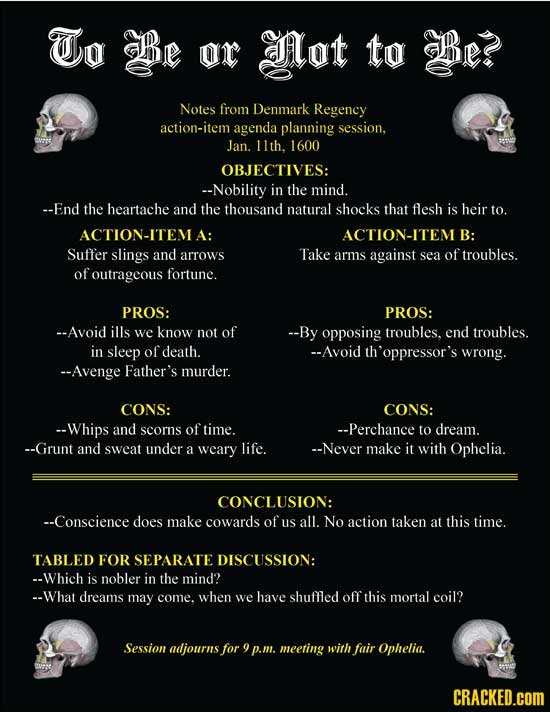 To Be or ot to e? Notes from Denmark Regency action-item agenda planning session. Jan. 11th. 1600 OBJECTIVES: --Nobility in the mind. --End the hearta