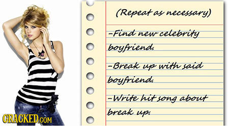 (Repeat as necessary) -Find new celebrity boyfriends -Break up with said boyfriend -Write hit song about break up. CRACKED COM