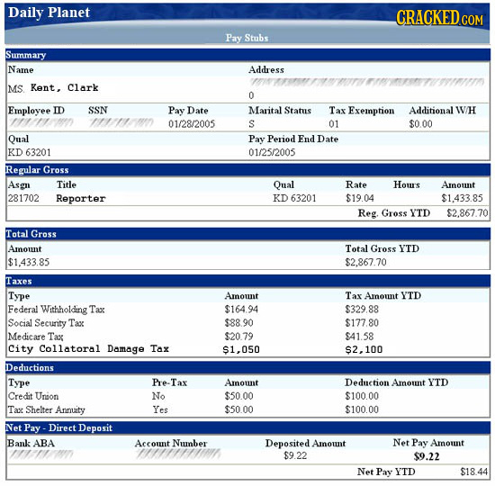 Daily Planet CRACKEDcO Pay Stubs Summary Name Address MS. Kent, Clark 0 Employee ID SSN Pay Date Marital Stats Tax Exemption Additional WH t9 01/28/20