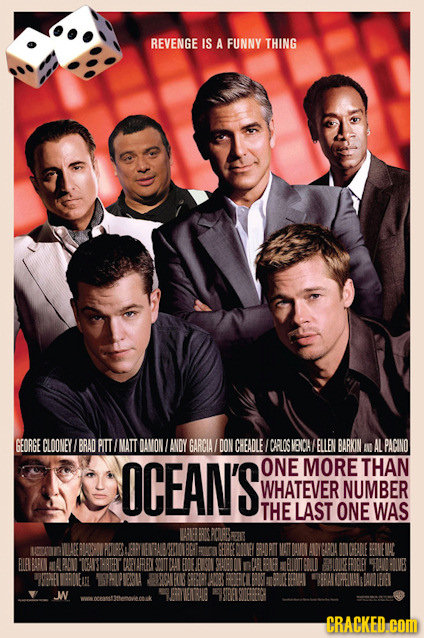 REVENGE IS A FUNNY THING GEDRGE CLOOVEY BRAD PITT MATT DAVON ANDY GARCIA DON CHEADLE CARLOSIENCH ELLEN BARKIN ar AL PACINO OCEAN'S ONE MORE THAN WHATE