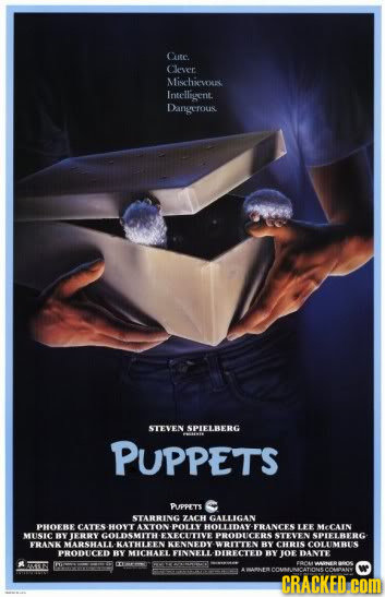 Cute Clever Mischxeyur: Intelligent. Dangerous STEVEN SPIELHERG PUPPETS Ppry STARRING ZACH CALLIGAN HOERS CATESHOYT AXTON-POLLY HOLLDAY- BANCES UESE M