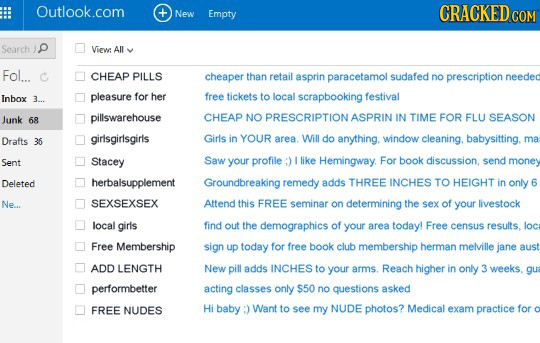 Outlook.com New Empty CRACKEDco Search J View All Fol... C CHEAP PILLS cheaper than retail asprin paracetamol sudafed no prescription needed Inbox 3..