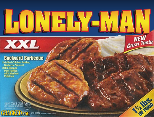 LONELY-MAN XXL NEW Taste Great Backyard Barbecue 2 Grilled Chicken Patties, Barbecue Sauce & 2 Rib-Shaped Pork Patties with Mashed Potatoes SIMPLY COO