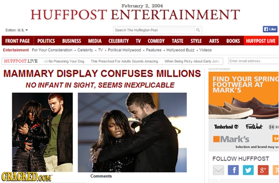 Februnry 2 2004 HUFFPOSTENTERTAINMENT Edrion Senreh The Hufington Pon 4 US- Le FRONT PAGE POLITICS BUSINESS MEDIA CELEBRITY y COMEDY TASTE STYLE ARTS