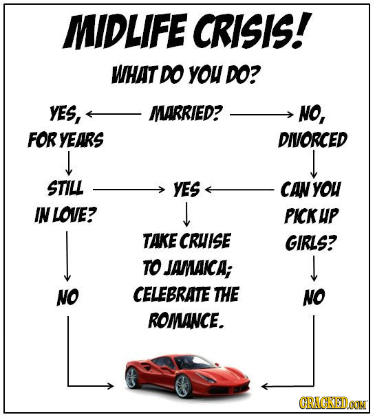 MIDLIFE CRISIS! WHAT DO YOU DO? YES, MARRIED? NO, FOR YEARS DIVORCED STILL YES CANYOU IN LOVE? L PICKUP TAKE CRUISE GIRLS? TO JAMAICA; NO CELEBRATE TH