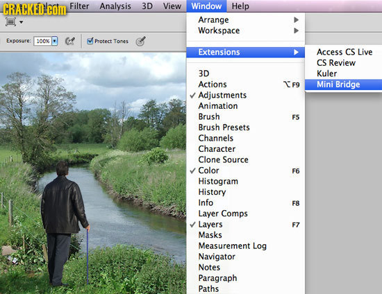 CRACKED COm Filter Analysis 3D View Window Help Arrange Workspace Exposure: 1009 Protect Tomes Extensions Access CS Live Cs Review 3D Kuler Actions F9
