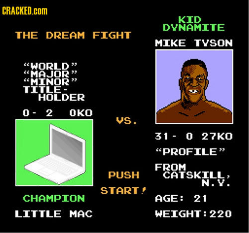 CRACKED.COM KID DYNAMITE THE DREAM FIGHT MIKE TYSON WORLD << MAJOR <4 MINOR TITLE- HOLDER 0- 2 OKO VS. 31- 0 27KO PROFILE FROM PUSH CATSKILL, N.V.