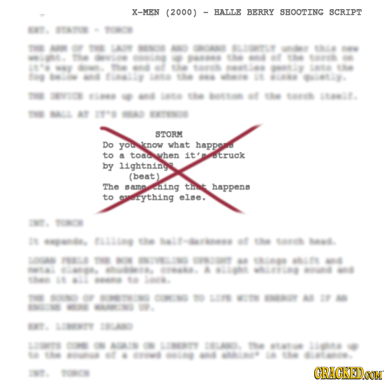 X-MEN (2000) HALLE BERRY SHOOTING SCRIPT T. LA 94 1 0 S 166 of es L. AL A 9 AS STORM Do you know what happerrs to a toac when it'a truck by lightnine