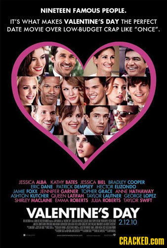 NINETEEN FAMOUS PEOPLE. IT'S WHAT MAKES VALENTINE'S DAY THE PERFECT DATE MOVIE OVER LOW-BUDGET CRAP LIKE ONCE. JESSICA ALBA KATHY BATES JESSICA BIEL