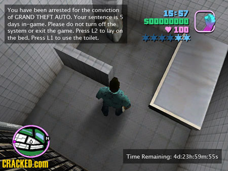 You have been arrested for the conviction 1557 of GRAND THEFT AUTO. Your sentence is 5 500000000 days in-game. Please do not turn off the exit lay 100