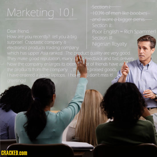 Marketing seetiont: 101 103% ofmen-like-boobies andwanta-biggerpenis Section I: Dear friend. Poor English - Rich Spammerl How are you recently? tell y