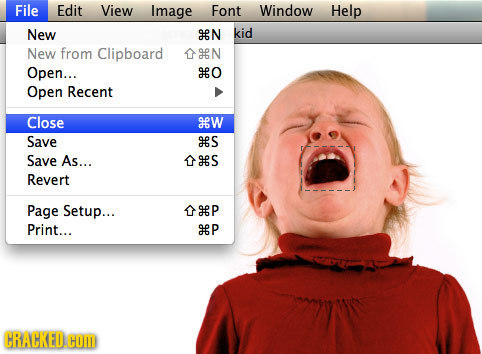 File Edit View Image Font Window Help New N kid New from Clipboard N Open... 90 Open Recent Close dew Save S Save As... 09S Revert Page Setup... 19P P